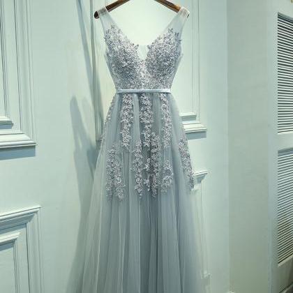 Gray A-line Tulle Long Prom Dress, Sexy V Neck..