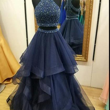 Charming Navy Blue Prom Dress,two Piece Prom..