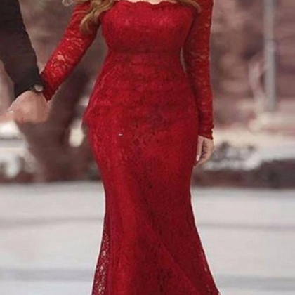 Elegant Red Lace Prom Dress, Long S..