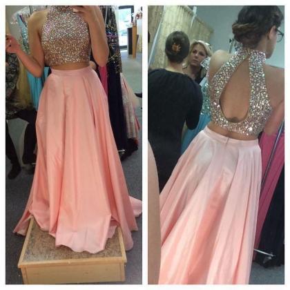 Split Pink Prom Dress, Two Piece Prom..