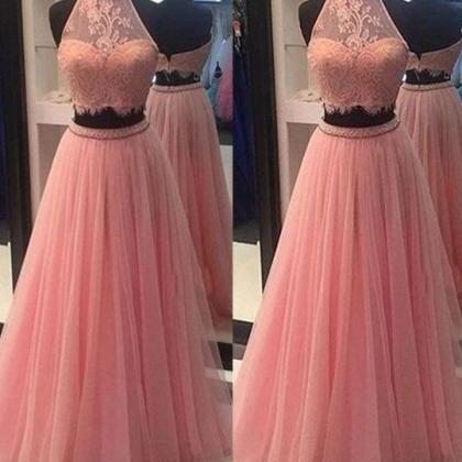 Charming Pink Two Pieces Lace A Line Halter Prom..