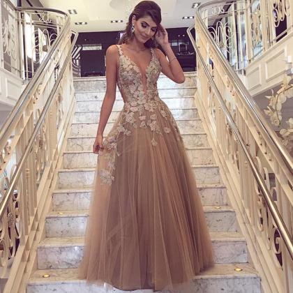 Champagne Prom Dresses,tulle Evening Gowns,lace..