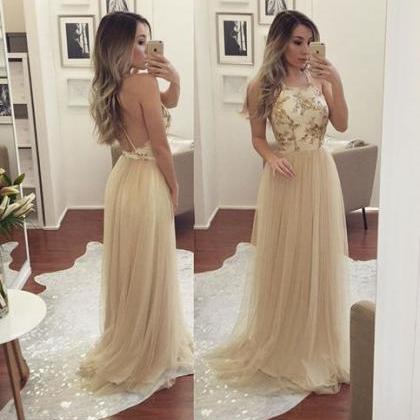 Champagne Tulle Backless Long Prom Dress, Sexy..