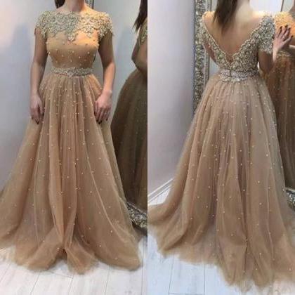 Champagne Tulle Backless Long Prom Dress,..