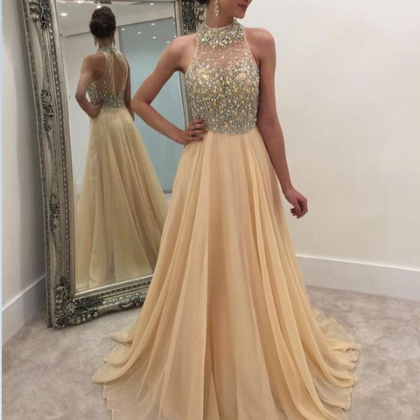 A-line Long Champagne Cap Sleeves Prom Dress,..
