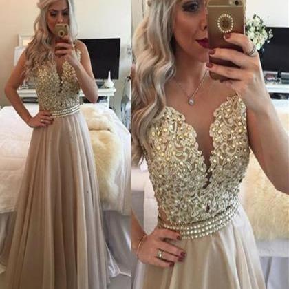 2017 Champagne Prom Dress,a Line Round Neck..