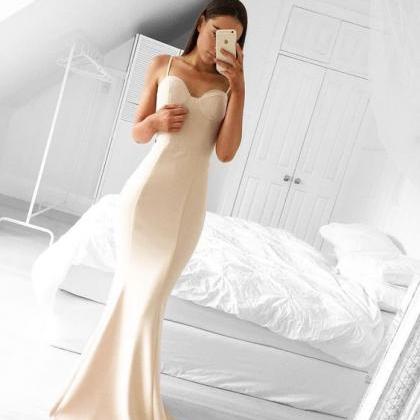 Elegant Champagne Prom Dress, Satin Mermaid Prom..