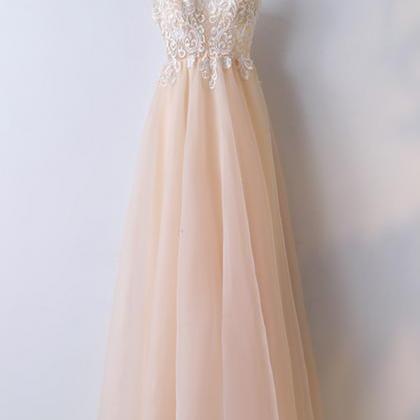 Sexy Champagne Tulle Spaghetti Straps Long Prom..