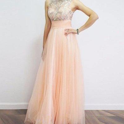 Champagne Tulle Sequin Long Prom Dress, Wedding..