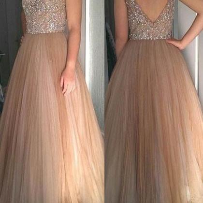 Champagne A Line Beading Long Prom Dress, Formal..