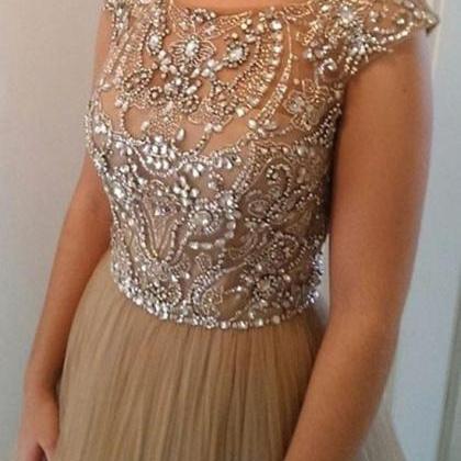Champagne A Line Beading Long Prom Dress, Formal..