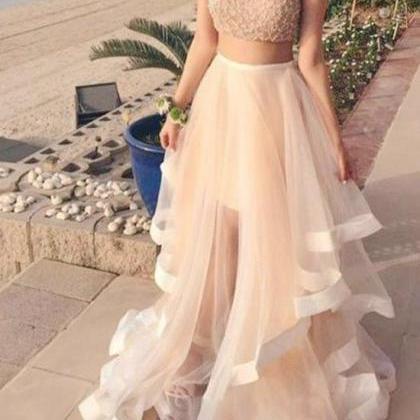 Champagne Two Pieces Sequin Tulle Long Prom Dress,..