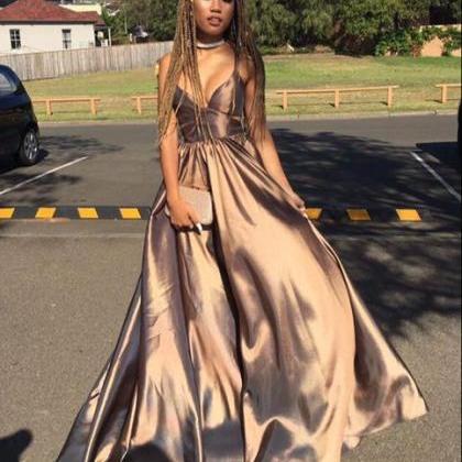 2018 Champagne Prom Dress,simple V Neck Long Prom..