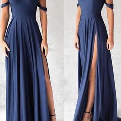 Navy Blue Shoulder Long Prom Dress, Evening..