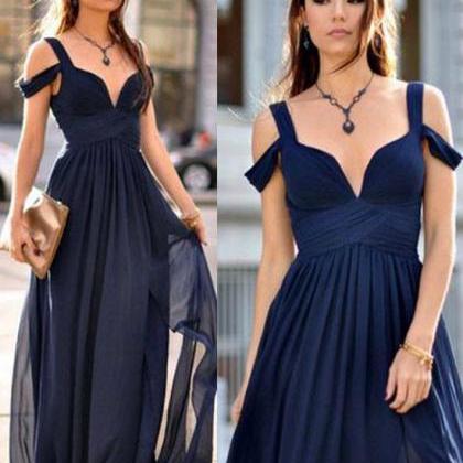 Navy Blue Shoulder Long Prom Dress, Evening..