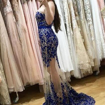 Mermaid Sweetheart Neck Blue Lace Long Prom..