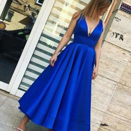 Simple Royal Blue V Neck Prom Dress, Tea Length..