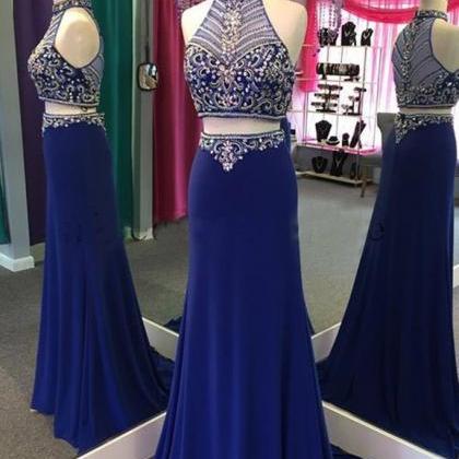 2 Pieces Royal Blue Chiffon Prom Dresses, Crystals..