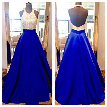 Pretty Satin Royal Blue Sparkle A Line Prom Gowns,..