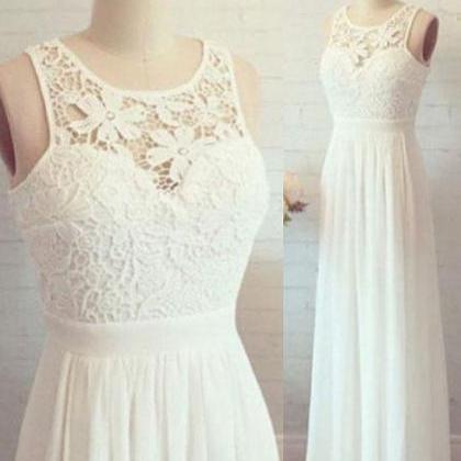 White A Line Chiffon Lace Long Prom Dress, Lace..