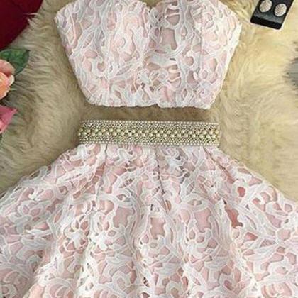 Cute Two Pieces Lace Short Prom Dress, Homecoming..