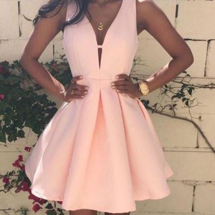 Simple Pink V Neck Short Prom Dress..