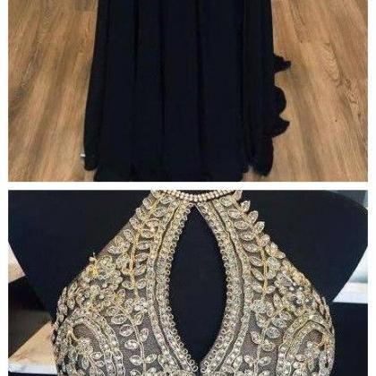 Chic Black Gold Prom Dress A-line Spaghetti Straps..