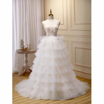 Simple White Applique Tulle Long A-line Prom Dress