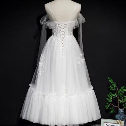 White Appliquéd Tulle A-line Back Lace Up Dress