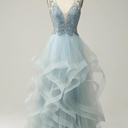 Gorgeous Prom Dress, A Line Evening Dress, Deep V..