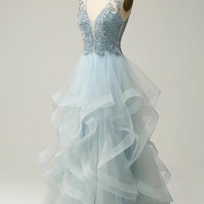 Gorgeous Prom Dress, A Line Evening Dress, Deep V..