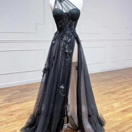 Black Lace Floral Long Prom Dresses, One Shoulder..