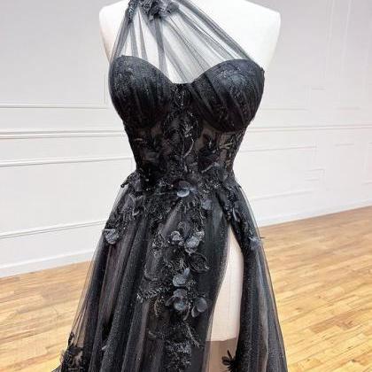 Black Lace Floral Long Prom Dresses, One Shoulder..