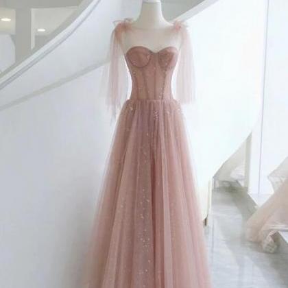 A-line Pink Round Neck Tulle Long Prom Dresses,..