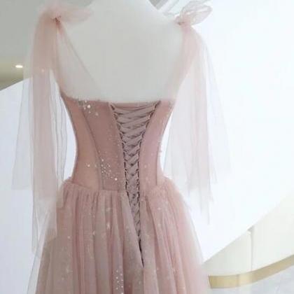 A-line Pink Round Neck Tulle Long Prom Dresses,..