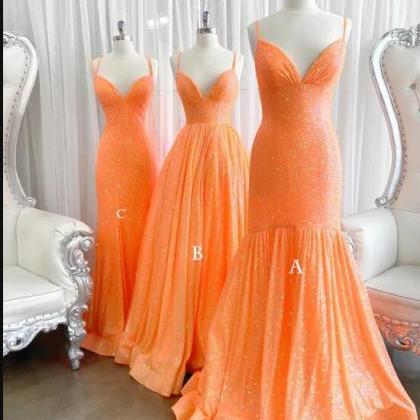 Simple Orange Sequin Long Prom Dress Orange Long..