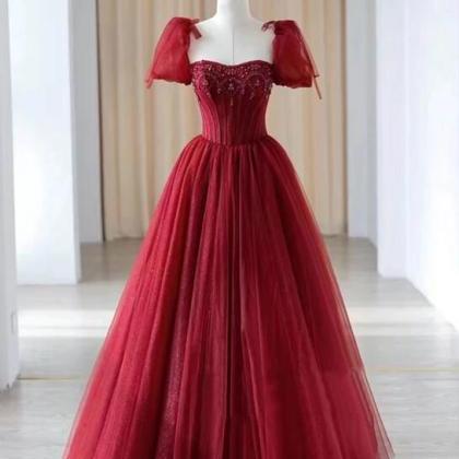 Burgundy A Line Tulle Beads Long Prom Dress..