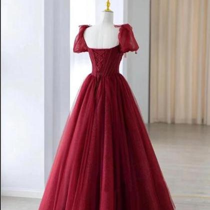 Burgundy A Line Tulle Beads Long Prom Dress..
