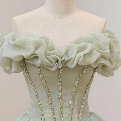 Green Tulle Beading Long Prom Dresses, Green..