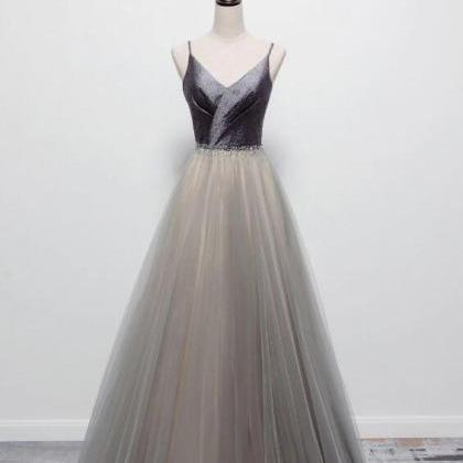 Simple Gray V Neck Tulle Long Prom Dress, Gray..