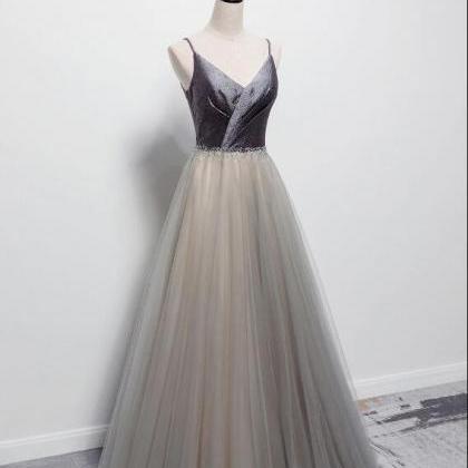 Simple Gray V Neck Tulle Long Prom Dress, Gray..