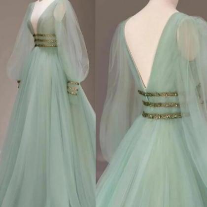 Green V Neck Tulle Sequin Long Prom Dress, Green..