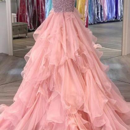 Pink One Shoulder Beads Long Prom Dress Pink..