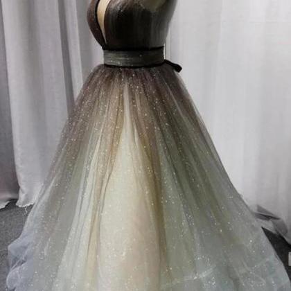 Simple Coffee Tulle Sequin Long Prom Dress Coffee..