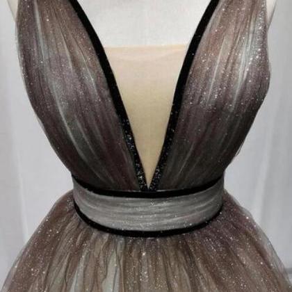 Simple Coffee Tulle Sequin Long Prom Dress Coffee..