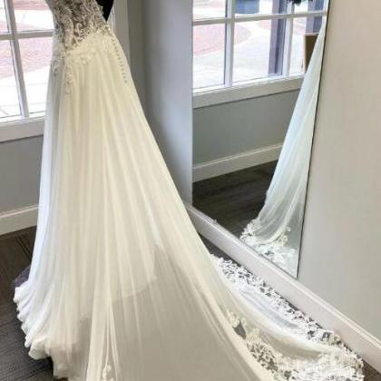 White V Neck Chiffon Lace Long Prom Dress, White..