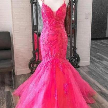 Pink Tulle Lace V-neck Trumpet Long Prom Dress