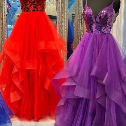 Cut Glass Mirror V-neck Layers A-line Long Prom..