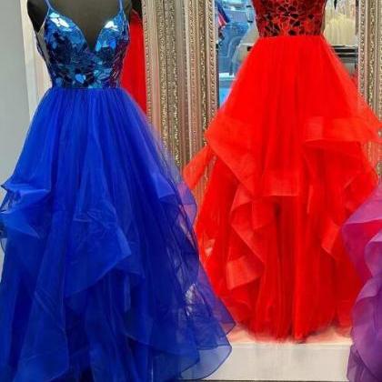 Cut Glass Mirror V-neck Layers A-line Long Prom..