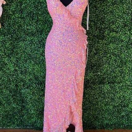 Pink Iridescent Sequin V-neck Backless Long Prom..